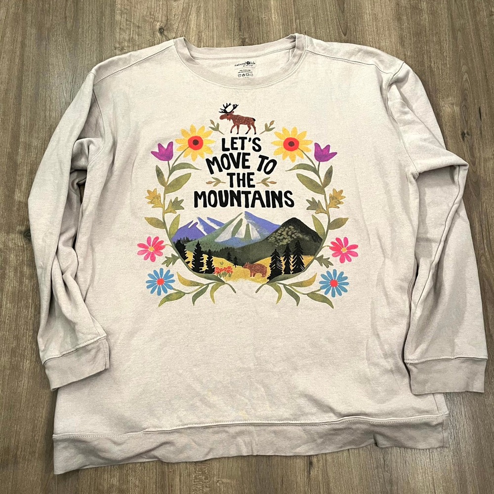 Natural Life Sweatshirt Crew Neck Taupe Cream Move To The Mountains Large